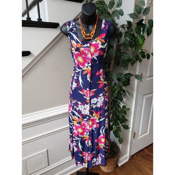Vintage BFA Classics Long Maxi Dress  Size L Blue Floral Round Neck Sleeveless - Picture 1 of 12